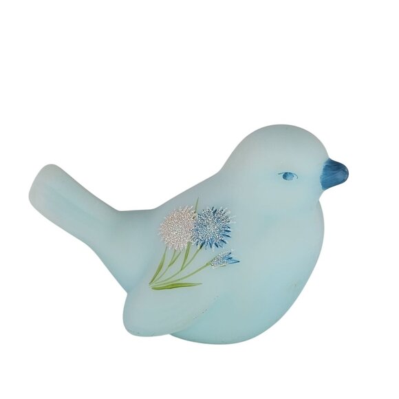 Fenton Painted Blue Satin Glass Bird Figurine Floral Design Signed Pam Miller - Picture 1 of 8